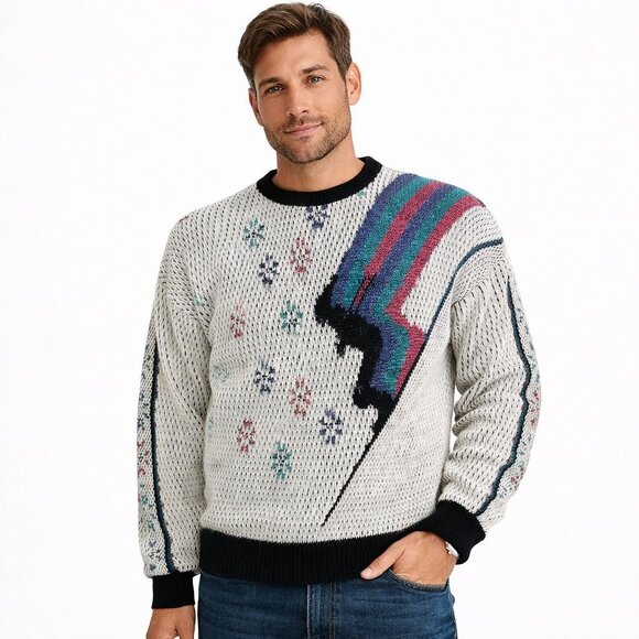 Vintage Jantzen USA Sweater Skiing Bolt 80s 90s Graphic Knit Pullover Size L